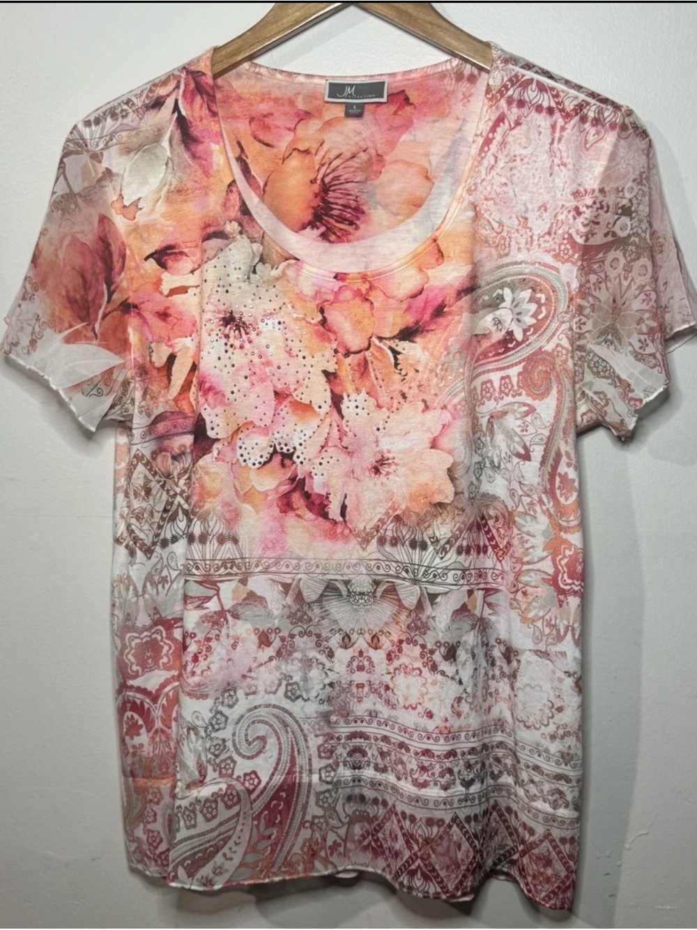JM Collection Pink Peach Floral Paisley Short Sleeve Tee